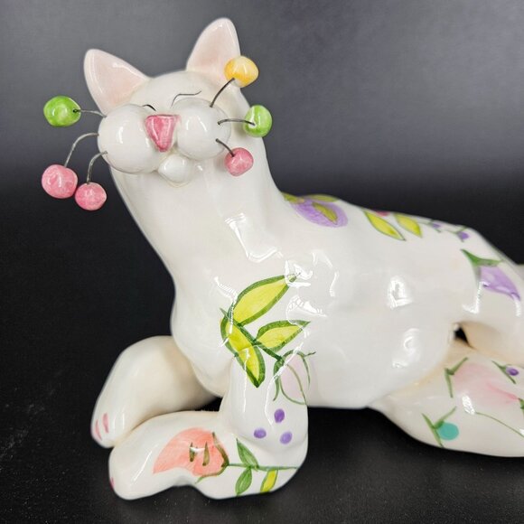 Annaco Creations Lying Cat Figurine Ceramic Floral Signed Amy Lacombe 2001 - Picture 9 of 12
